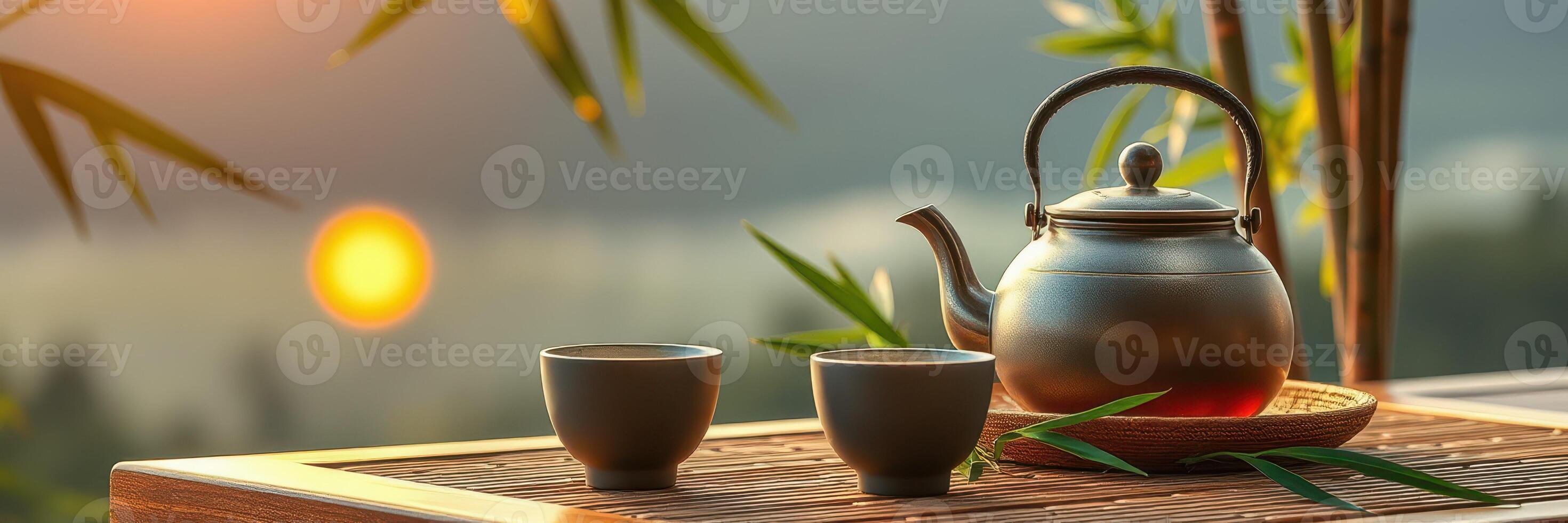 Elegant tea setup at sunset with teapot and cups surrounded by bamboo photo