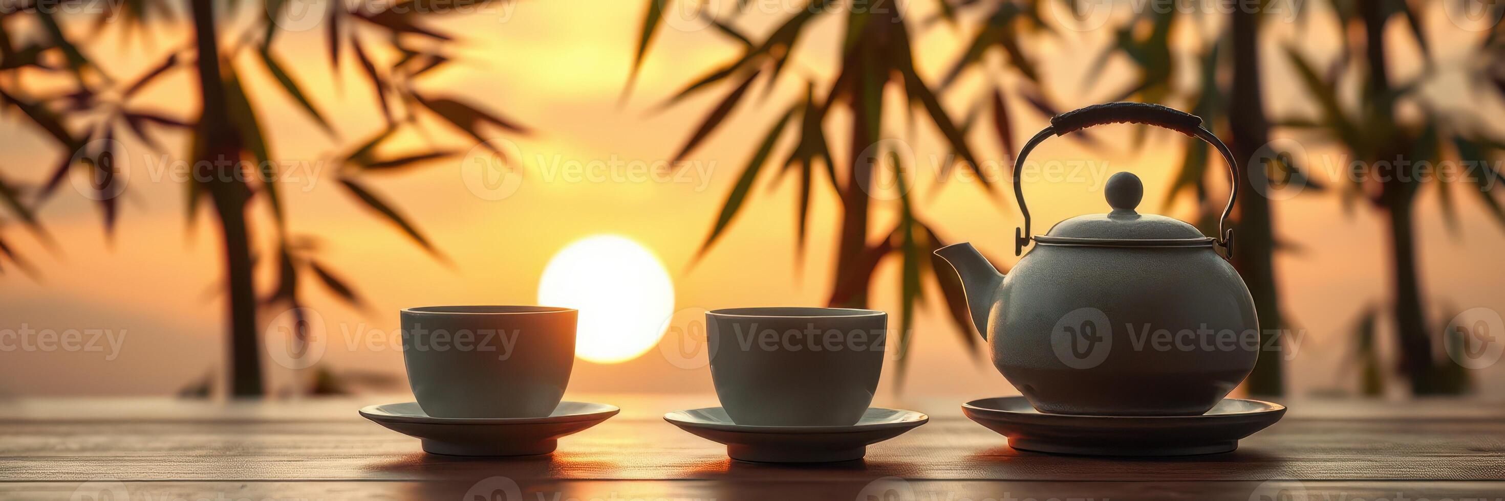 Tranquil tea setup at sunset by bamboo with a warm golden glow photo
