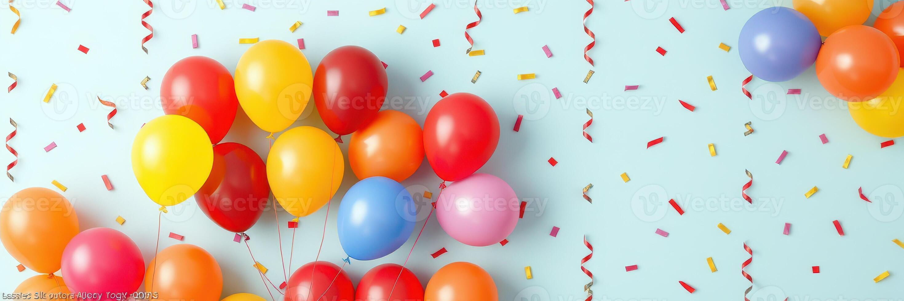 Colorful balloons and confetti create a festive atmosphere suitable for celebrations and parties photo