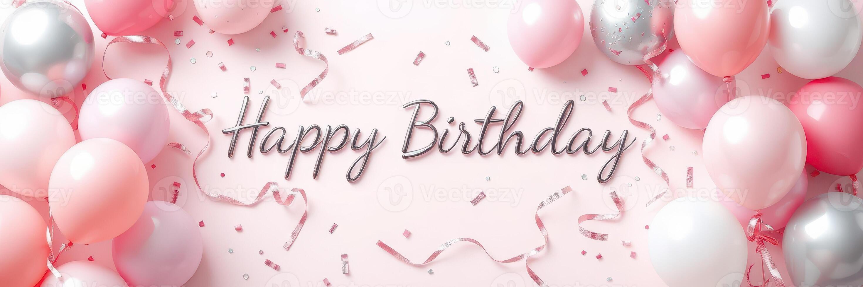 Celebrate a joyous birthday with pink and silver balloons and festive decorations featuring a heartfelt message photo