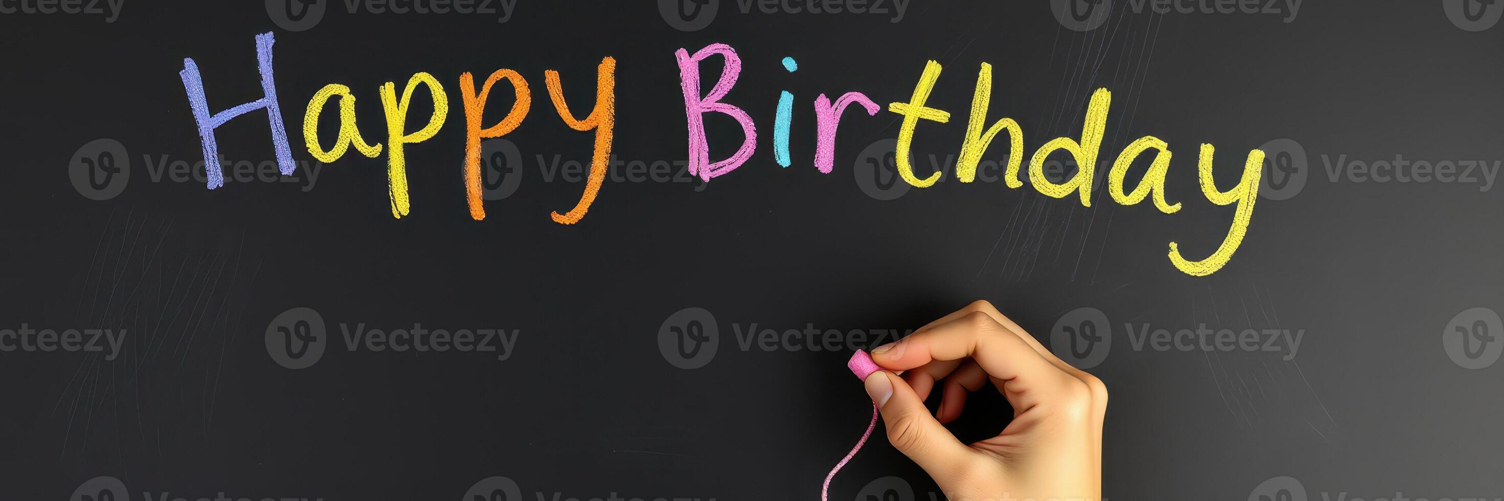 Colorful chalk lettering creates a cheerful happy birthday message on a blackboard in a festive celebration setting photo
