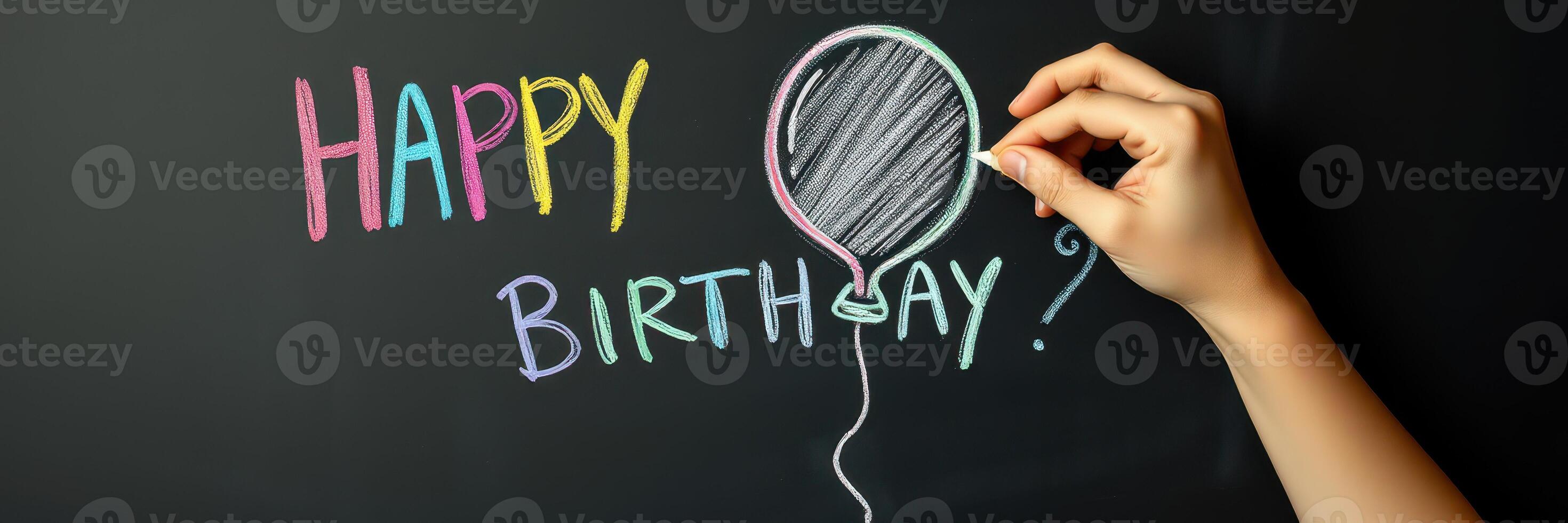 Creative birthday greeting displayed on a chalkboard with colorful chalk art and balloons photo