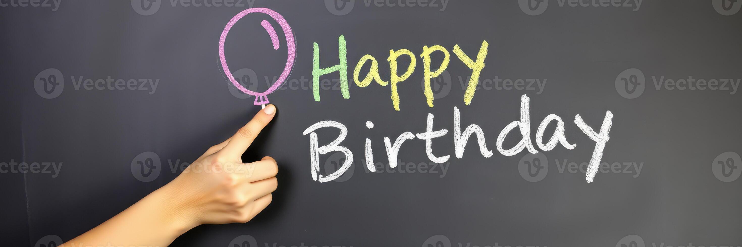 Hand pointing at colorful happy birthday message with balloon drawing on chalkboard photo