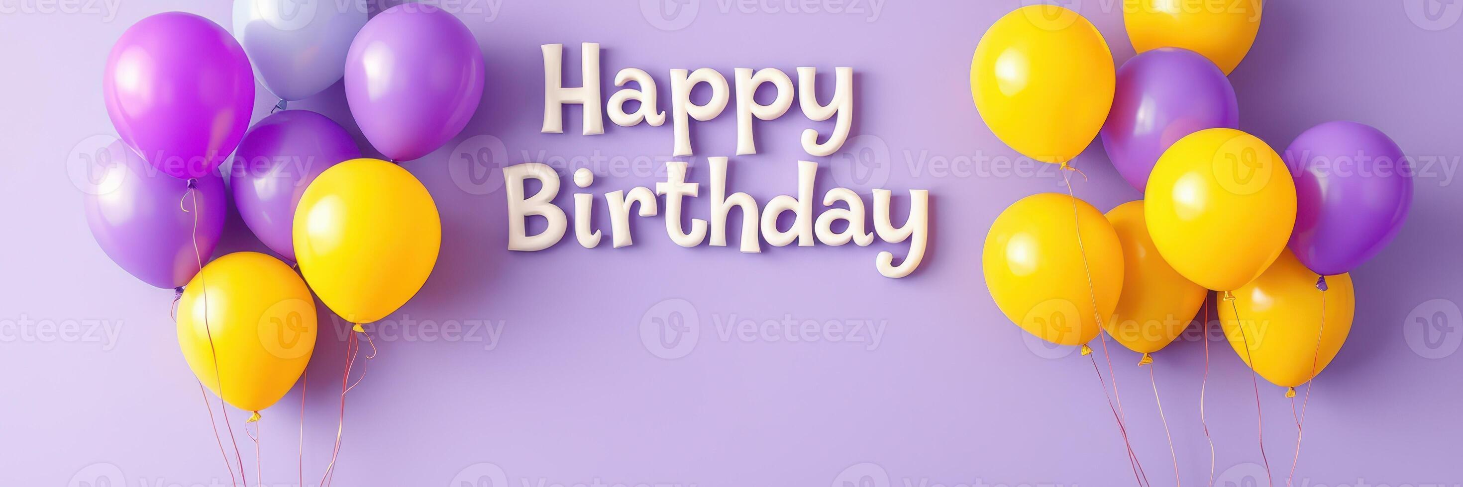 Bright and cheerful birthday celebration decorations with balloons against a lavender backdrop photo