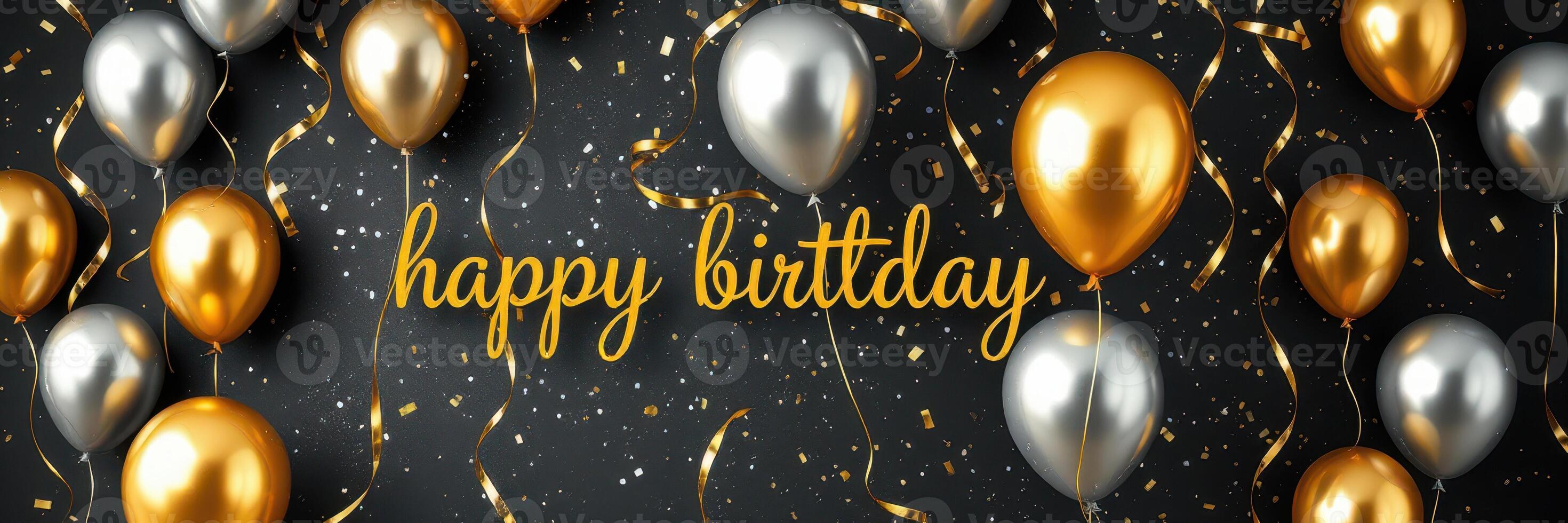 Celebratory scene with gold and silver balloons against a dark background for a joyful birthday occasion photo