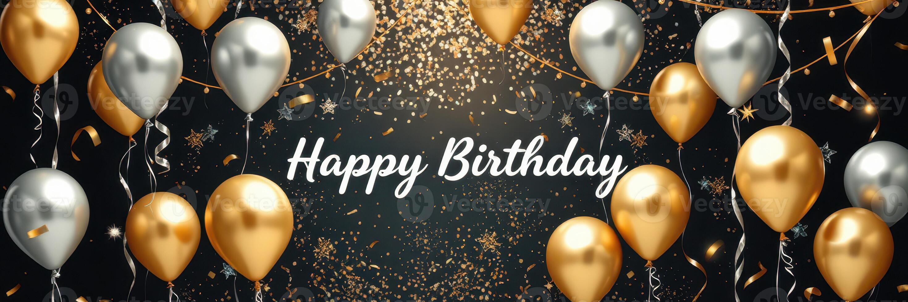 Colorful balloons and confetti celebrate a joyful birthday occasion with a cheerful greeting displayed prominently photo