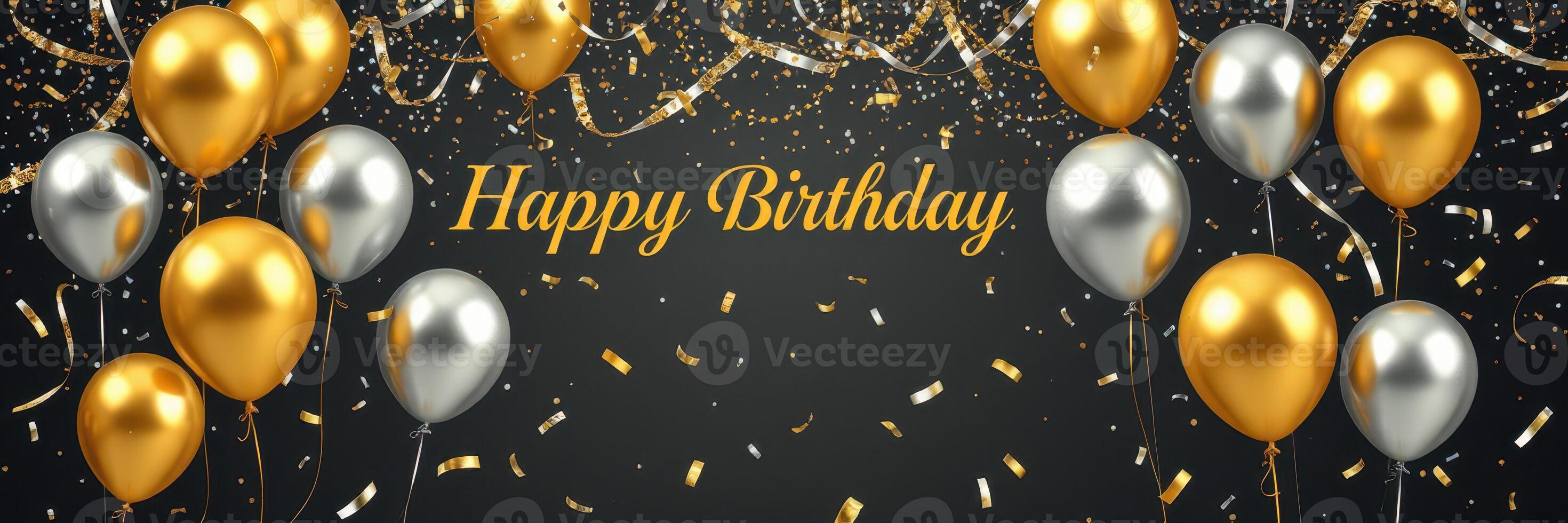 Colorful birthday celebration with golden and silver balloons and festive decorations photo