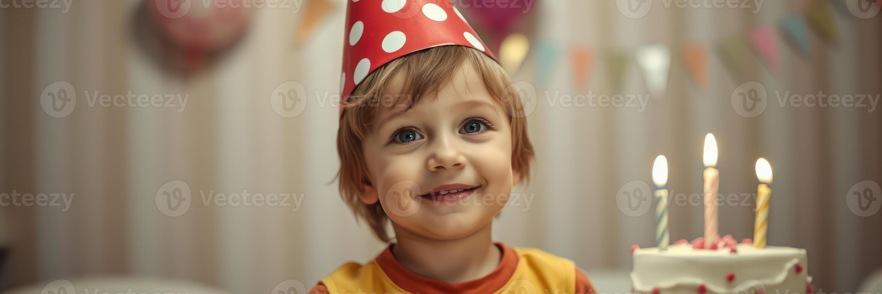 Joyful child celebrating birthday with cake and candles in festive setting photo