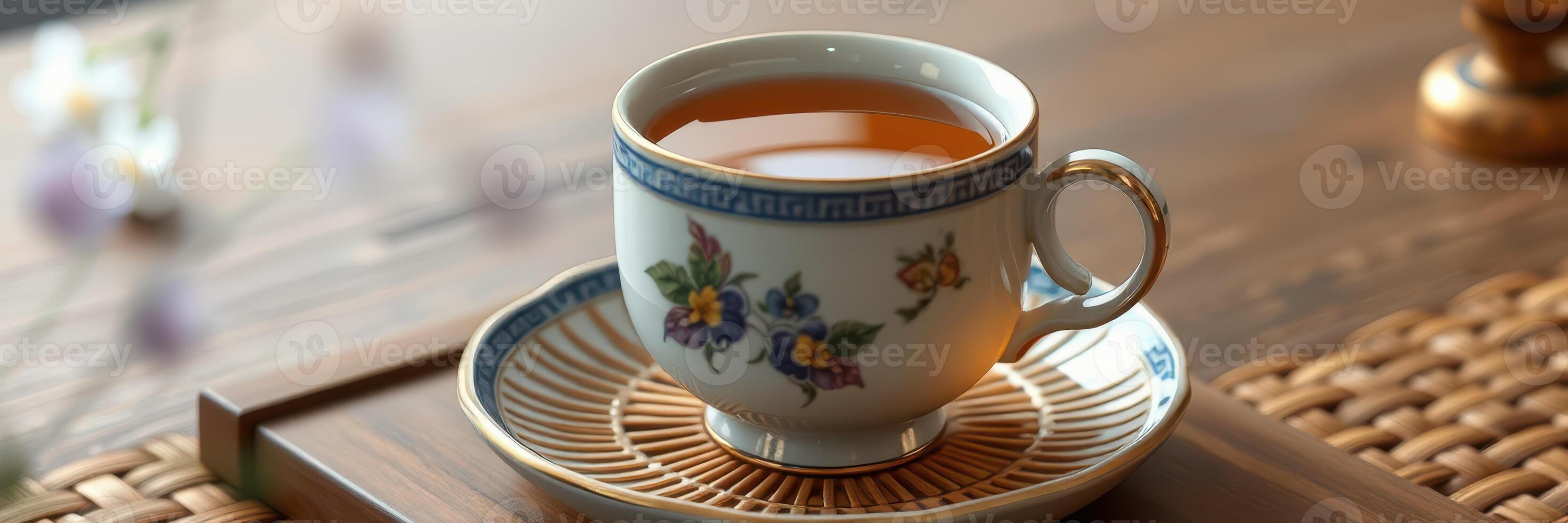 Enjoying a warm cup of herbal tea in an elegantly designed porcelain cup with floral patterns on a wooden table photo