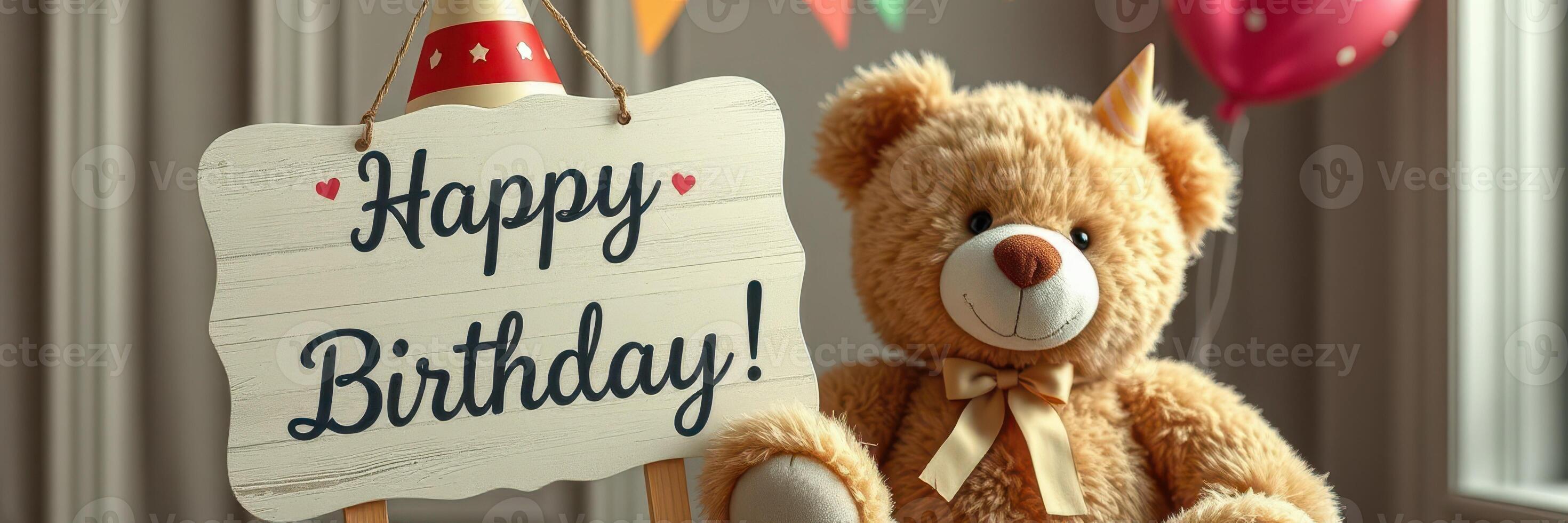 Celebration of a birthday with a teddy bear and decorative elements in a cozy indoor setting photo