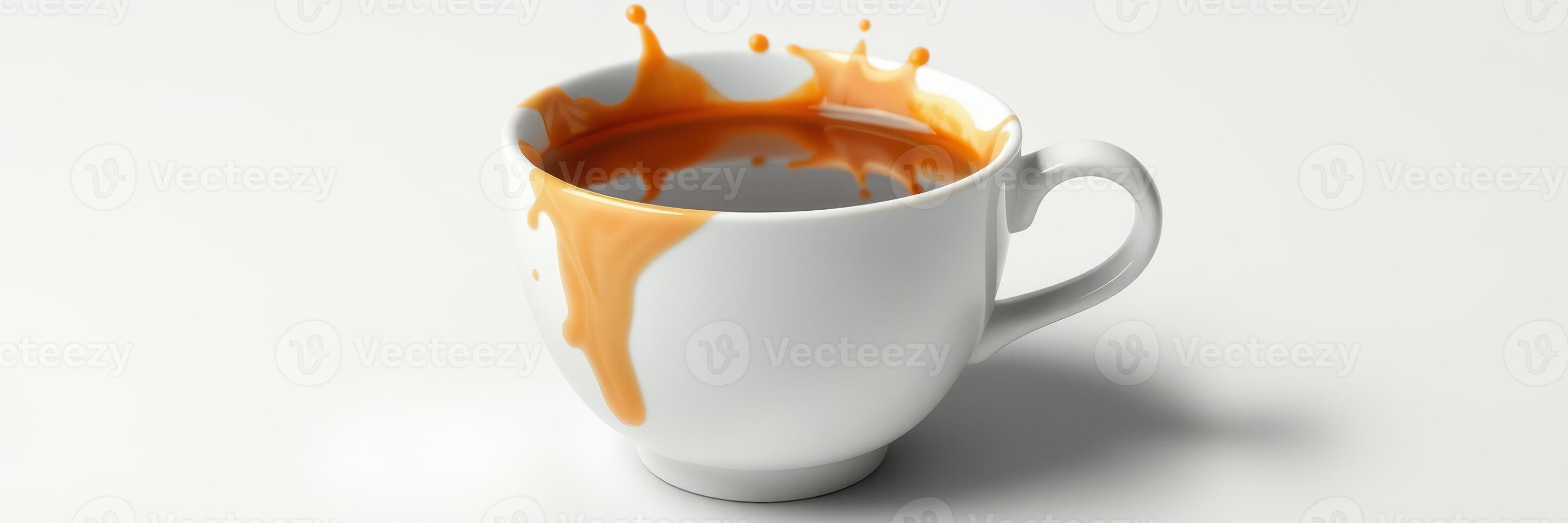 Coffee spills from a white cup on a plain background during a casual morning routine at home photo