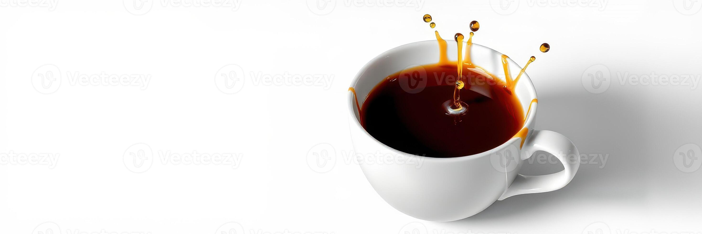 Coffee cup splashes as hot beverage is poured, showcasing dynamic movement and rich color photo