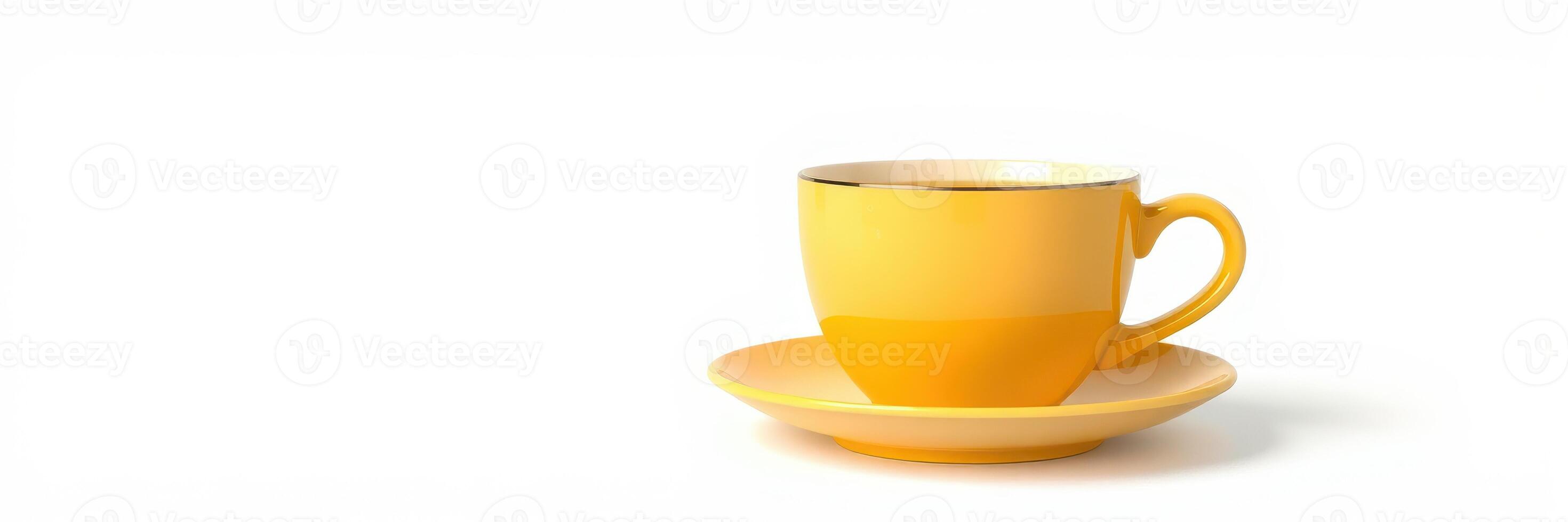 Bright yellow cup on a saucer against a simple background for a cheerful coffee experience photo