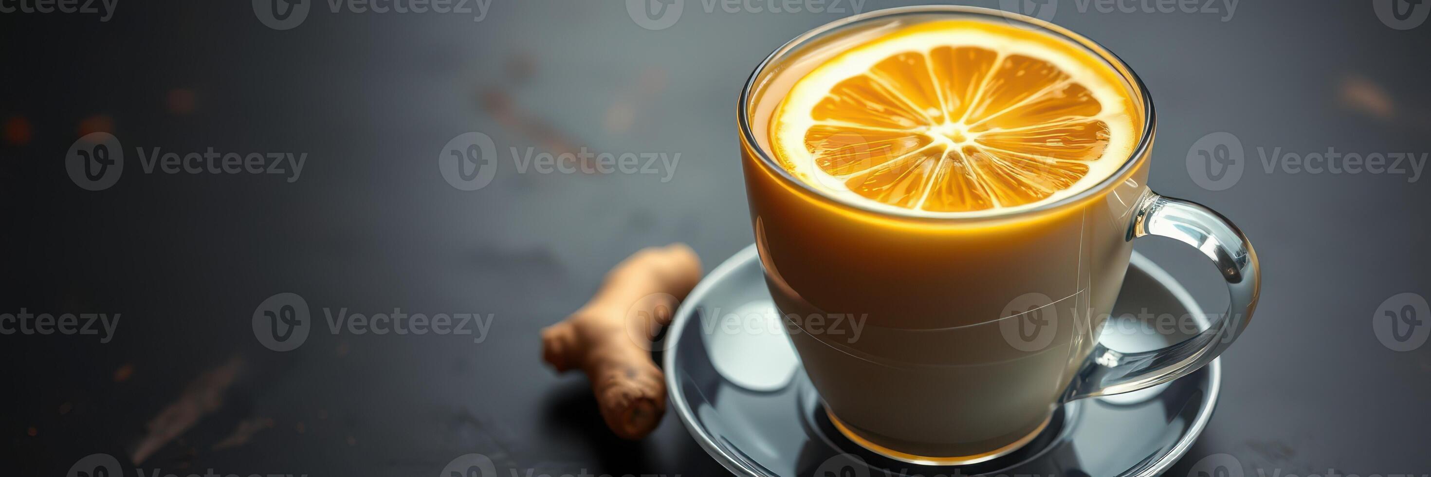 Warm ginger lemon drink served in a transparent glass cup on a dark countertop with a slice of orange on top photo
