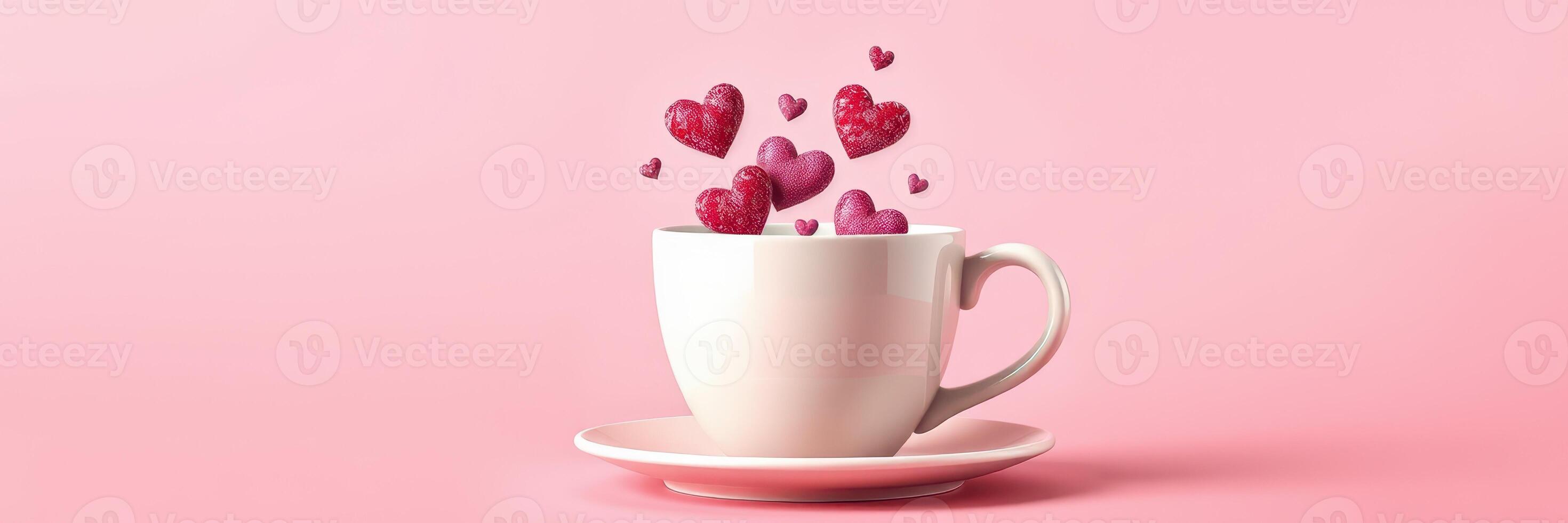Cute cup of coffee with floating hearts creating a romantic atmosphere on a pink background photo