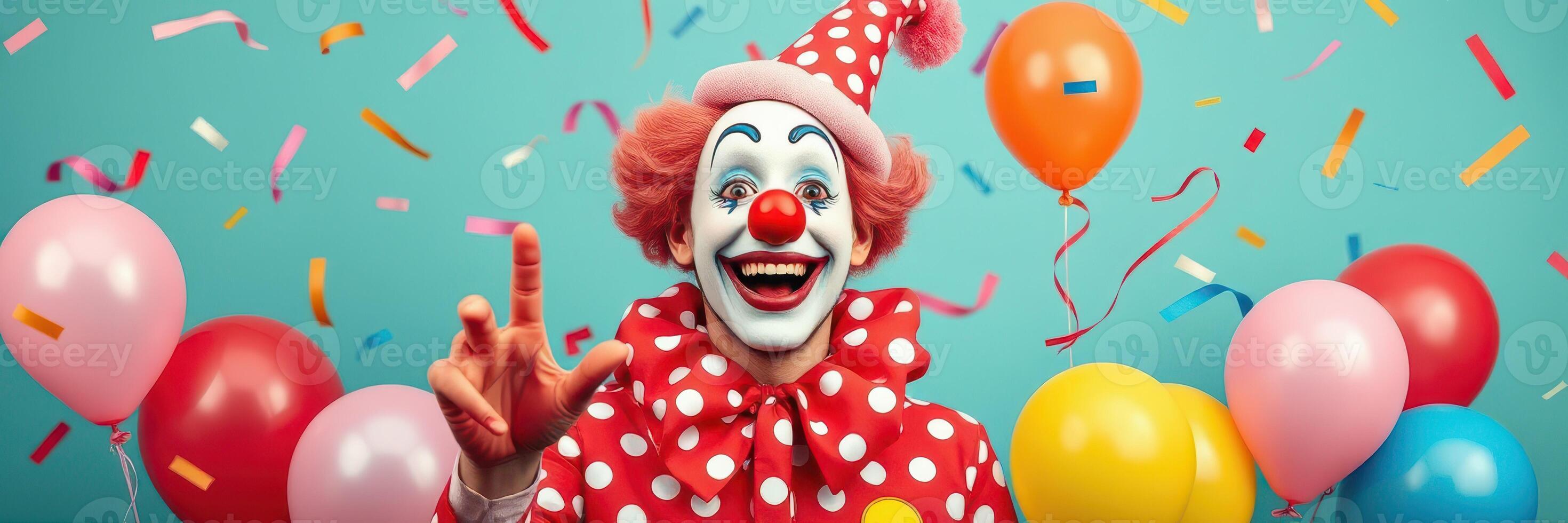 Colorful clown celebrating with balloons and confetti at a joyful party atmosphere photo