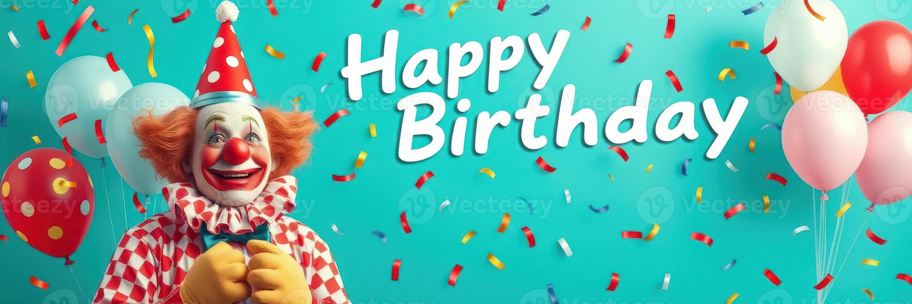 Cheerful clown celebrating a birthday with balloons and confetti at a festive party photo