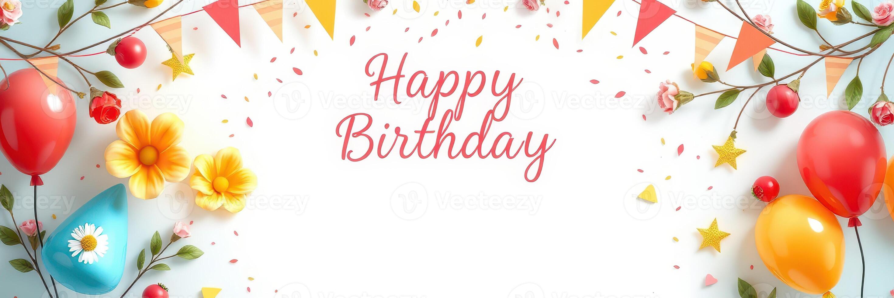 Colorful birthday decorations with flowers, balloons, and bunting create a festive atmosphere for a celebration photo