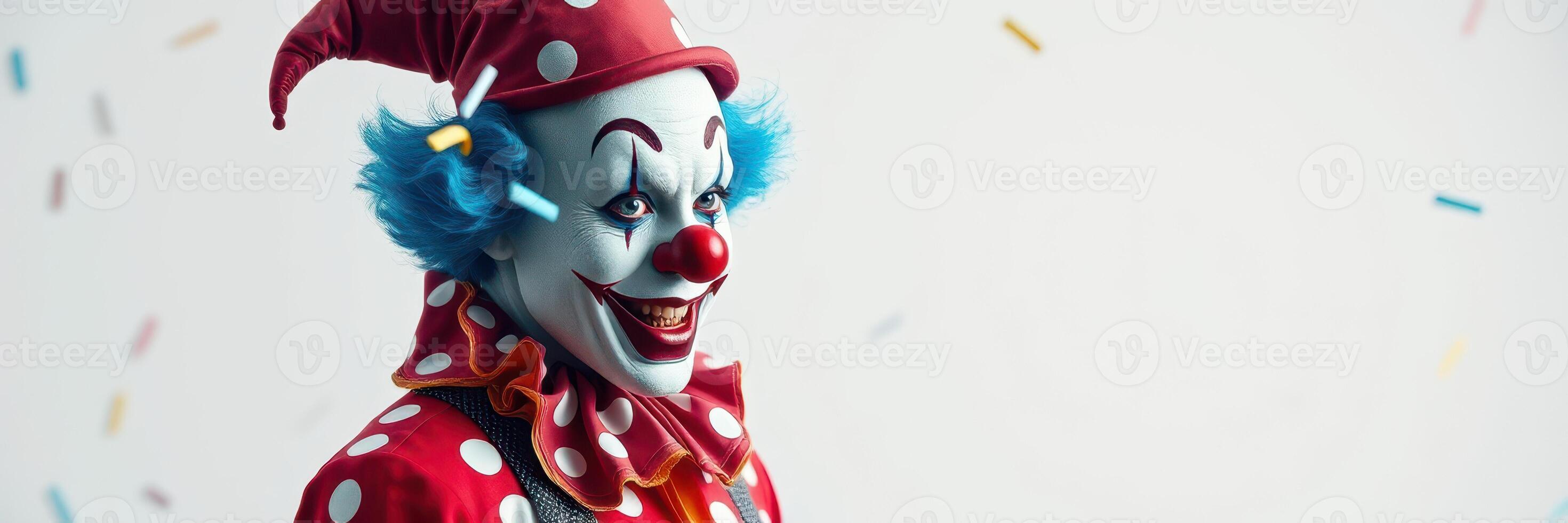 Colorful clown celebrating with confetti during a festive event in a vibrant atmosphere with playful energy photo