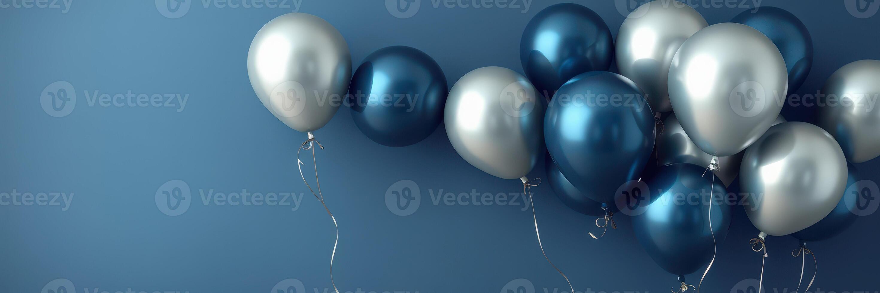 Metallic blue and silver balloons clustered on a blue wall for a celebration in an indoor setting photo