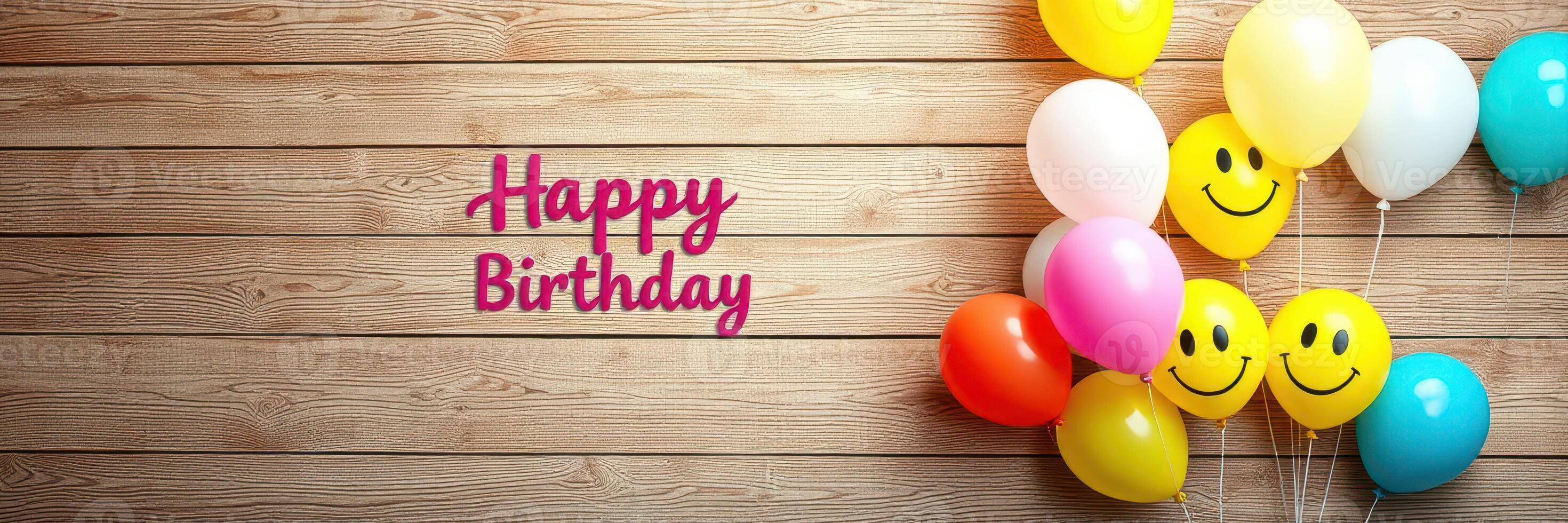 Bright and cheerful birthday celebration with colorful balloons and festive message on wooden background photo