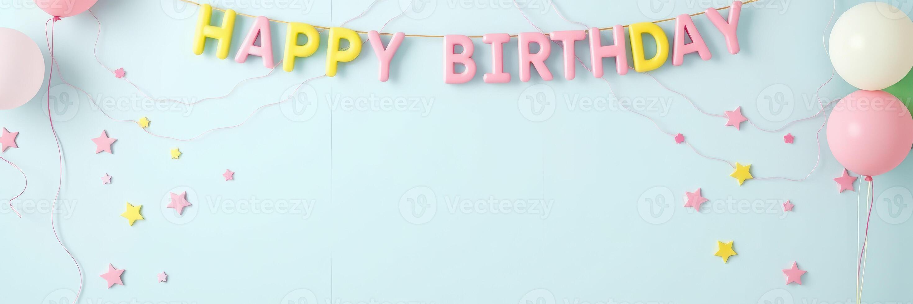 Colorful birthday decorations with balloons and stars creating a festive atmosphere for a celebration photo