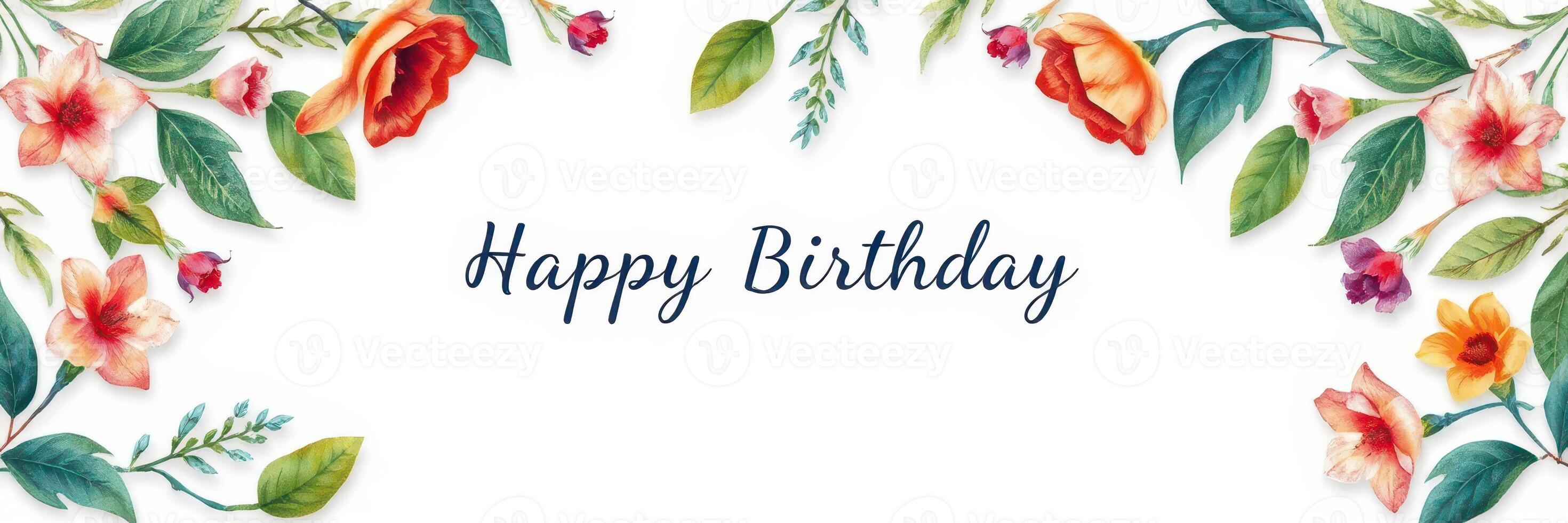 Happy birthday greeting card design with colorful floral arrangement around the message, perfect for celebrations and special occasions photo