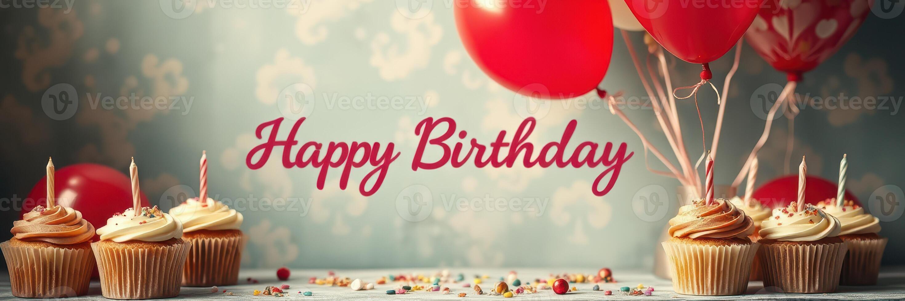 Birthday celebration with cupcakes, balloons, and festive decorations creating a joyful atmosphere photo