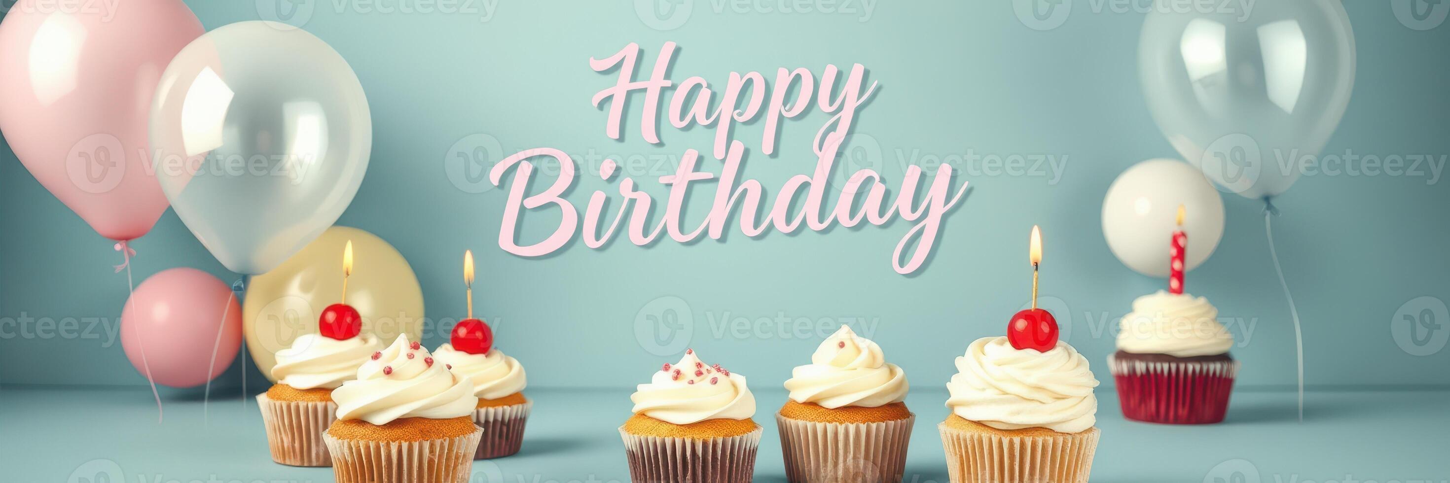 Celebration of a joyful birthday with cupcakes and colorful balloons in a festive atmosphere photo