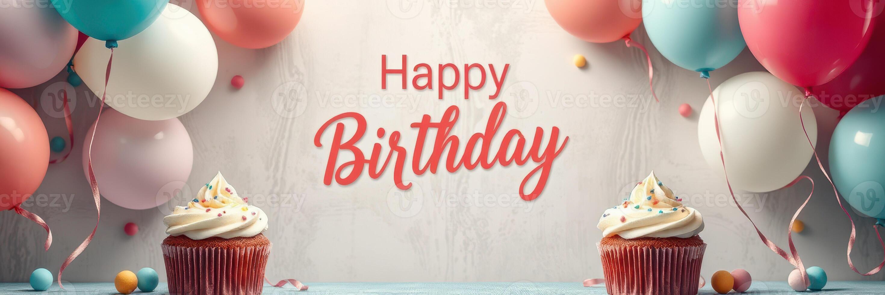 Colorful birthday celebration with cupcakes and balloons in a festive setup photo