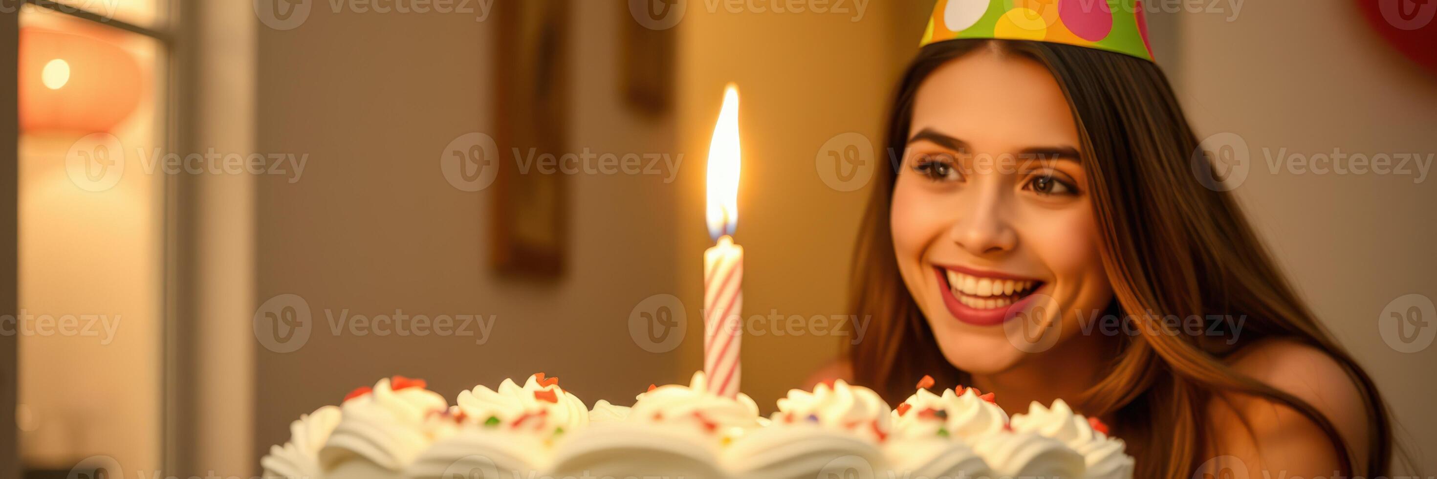 Happy birthday celebration with a young woman smiling at a cake with a candle in a cozy indoor setting photo