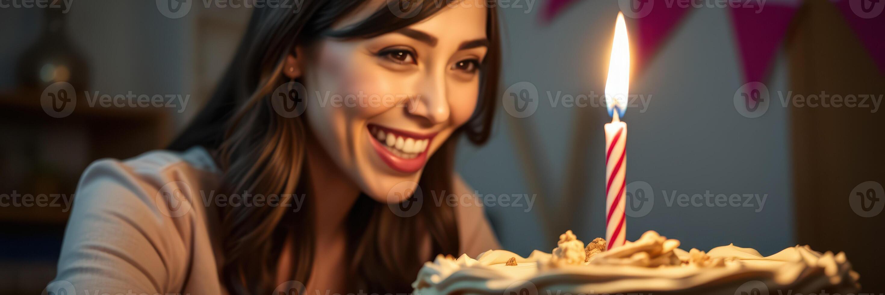 Joyful birthday celebration with a woman smiling at a cake with a lit candle during a festive gathering with decorations photo