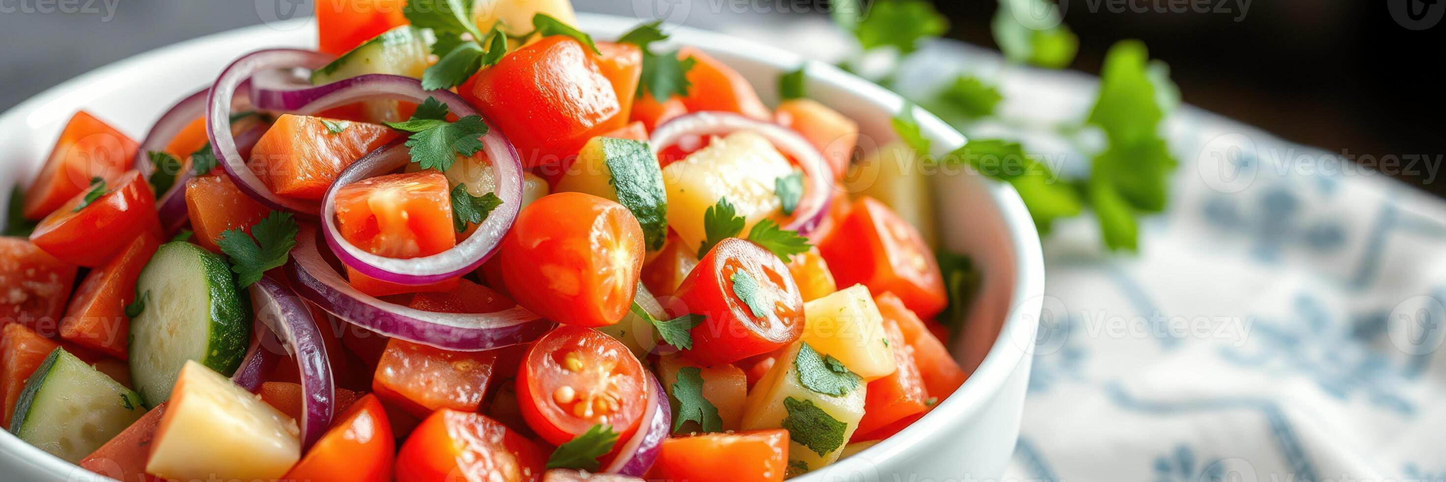 Fresh vegetable salad made with tomatoes, cucumbers, and onions in a white bowl, garnished with herbs on a patterned cloth photo