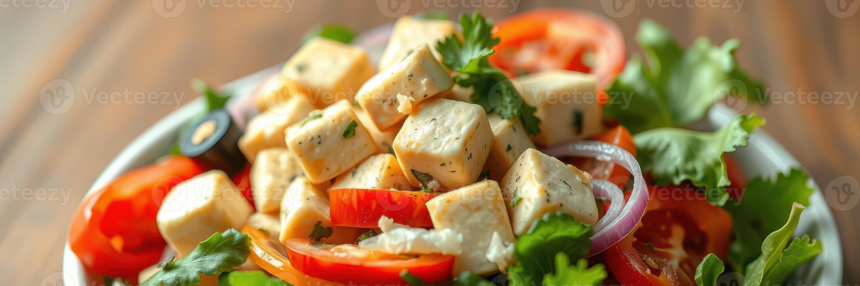 Fresh salad featuring tofu, tomatoes, and cilantro served in a bowl with vibrant greens at a cozy dining setting photo