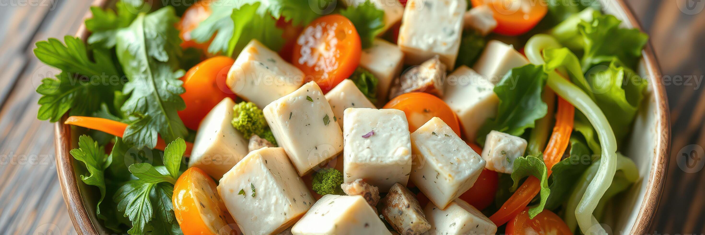 Colorful vegetable salad with tofu served in a wooden bowl photo