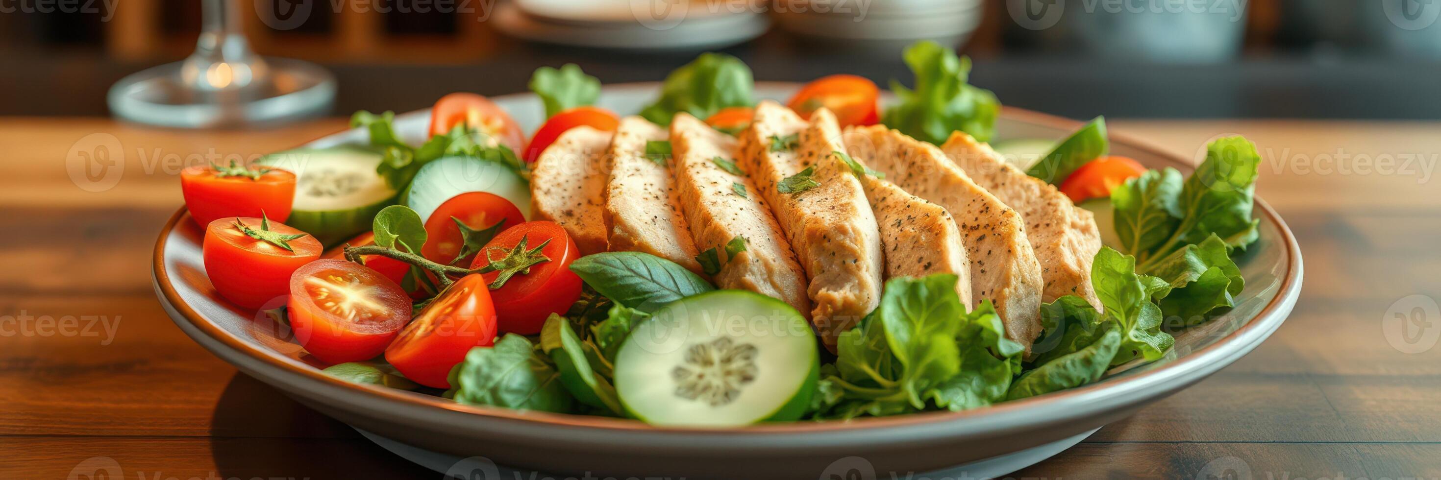 Grilled chicken salad with fresh vegetables served on a wooden table at a restaurant during lunchtime photo