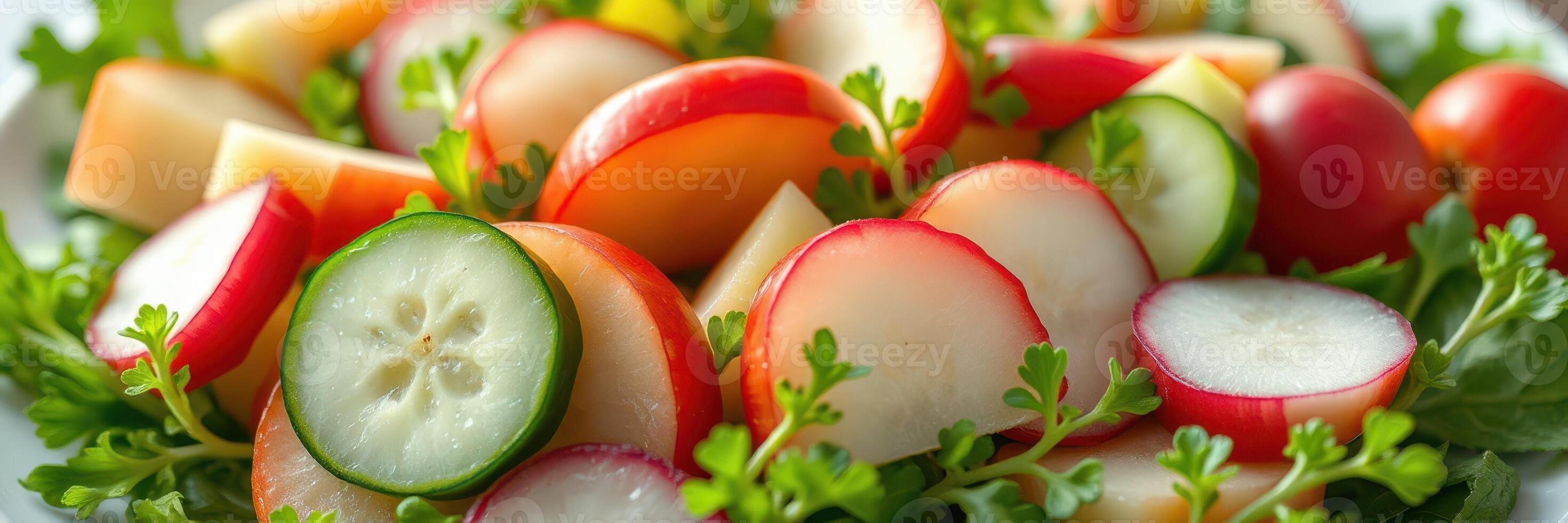 Fresh vegetable salad with radishes, cucumbers, and greens served on a white plate photo