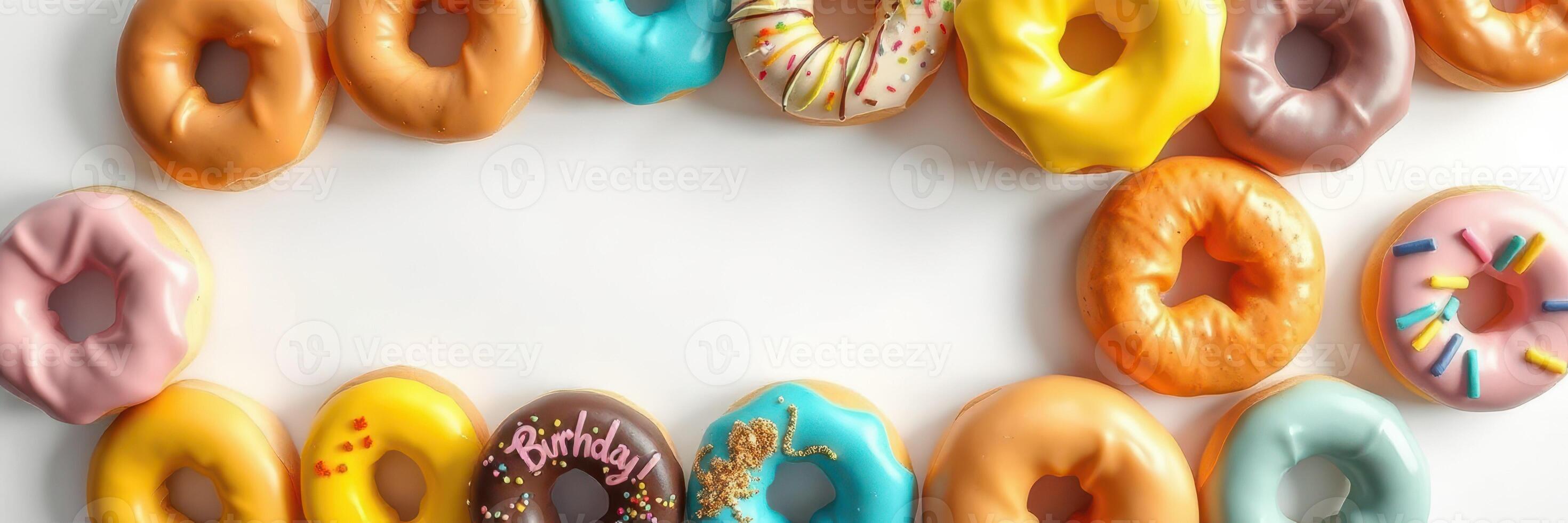 Colorful assorted donuts arranged in a circular pattern for a celebration or party setting photo