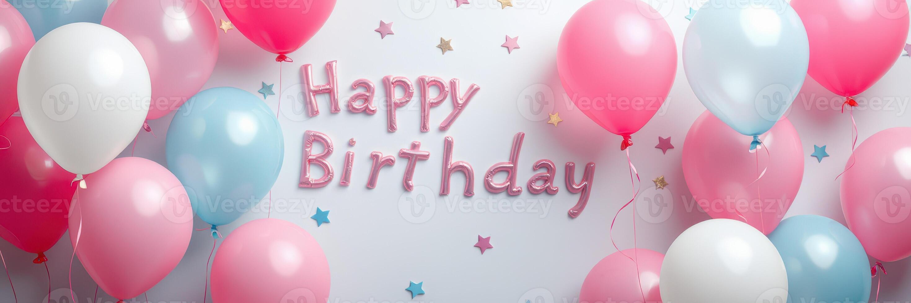 Colorful birthday decorations with balloons and playful elements create a festive atmosphere for celebration photo