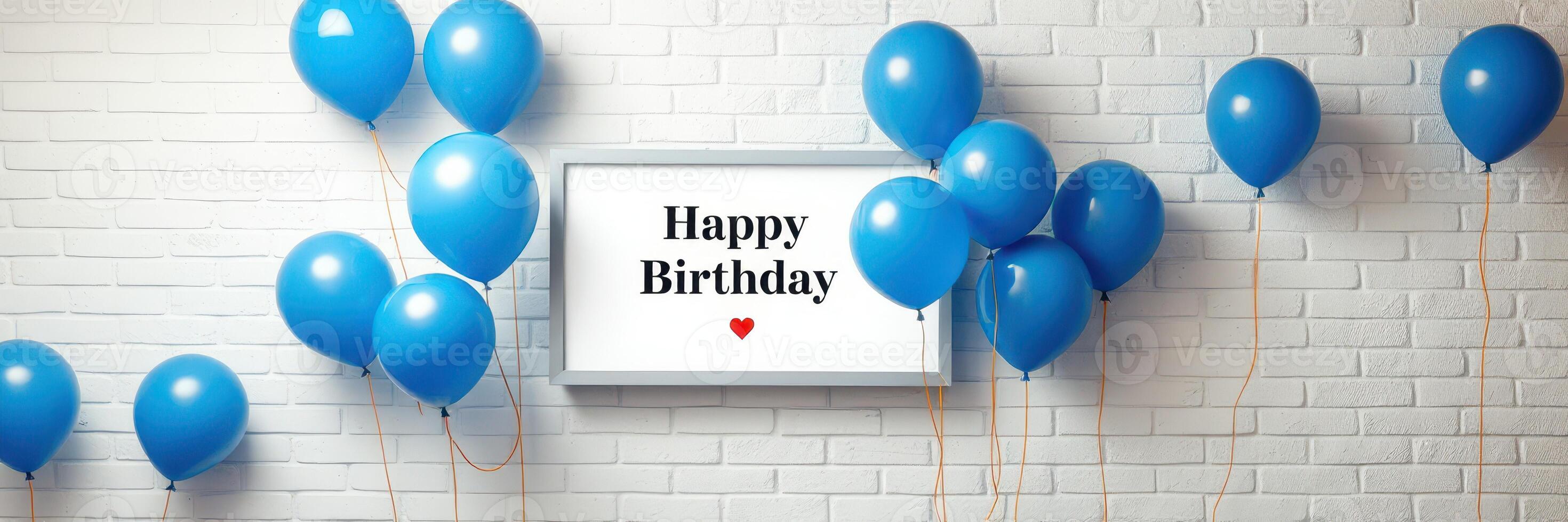 Colorful blue balloons decorate a festive birthday celebration on a white brick wall photo