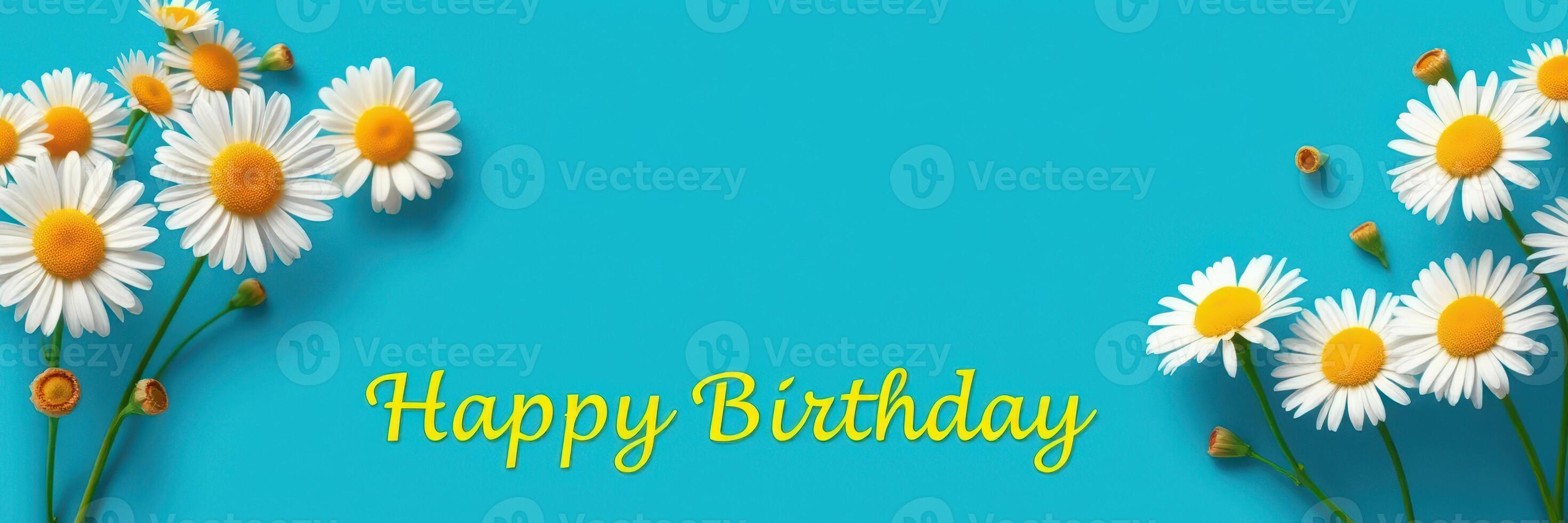 Vibrant birthday greeting featuring cheerful daisies on a bright turquoise background photo