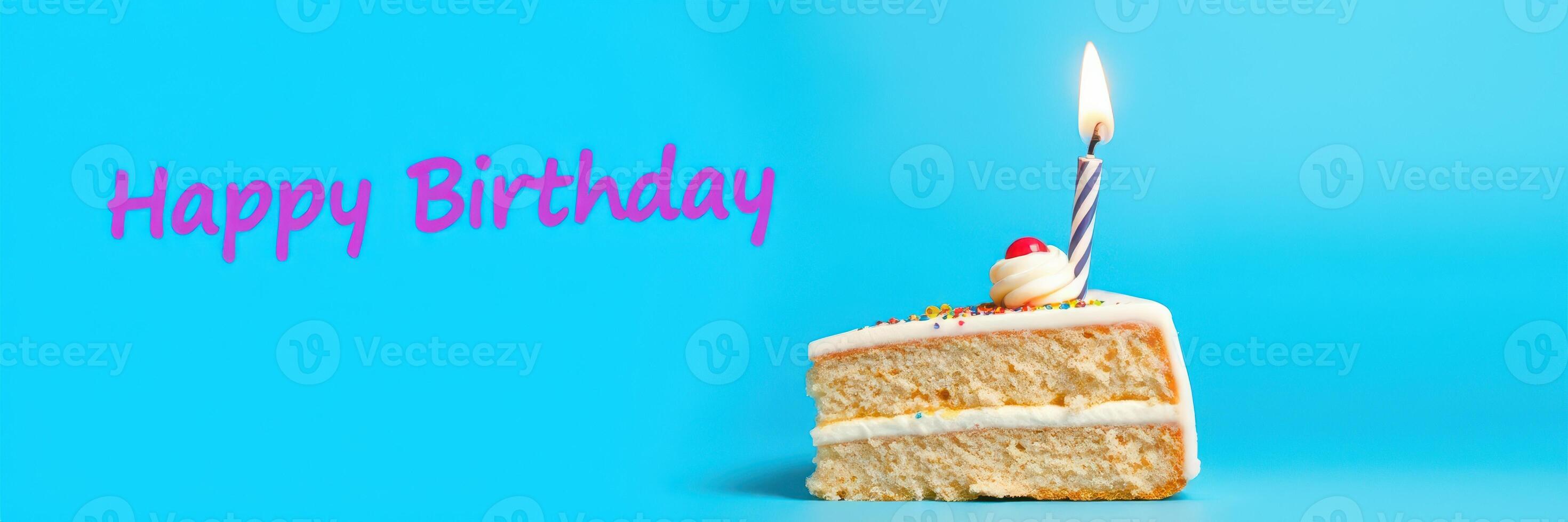Birthday cake with a candle and cheerful greeting on a bright background photo