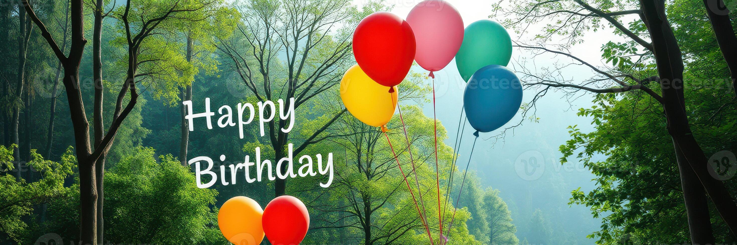 Colorful balloons float in a serene forest celebrating a joyful birthday in nature's embrace photo