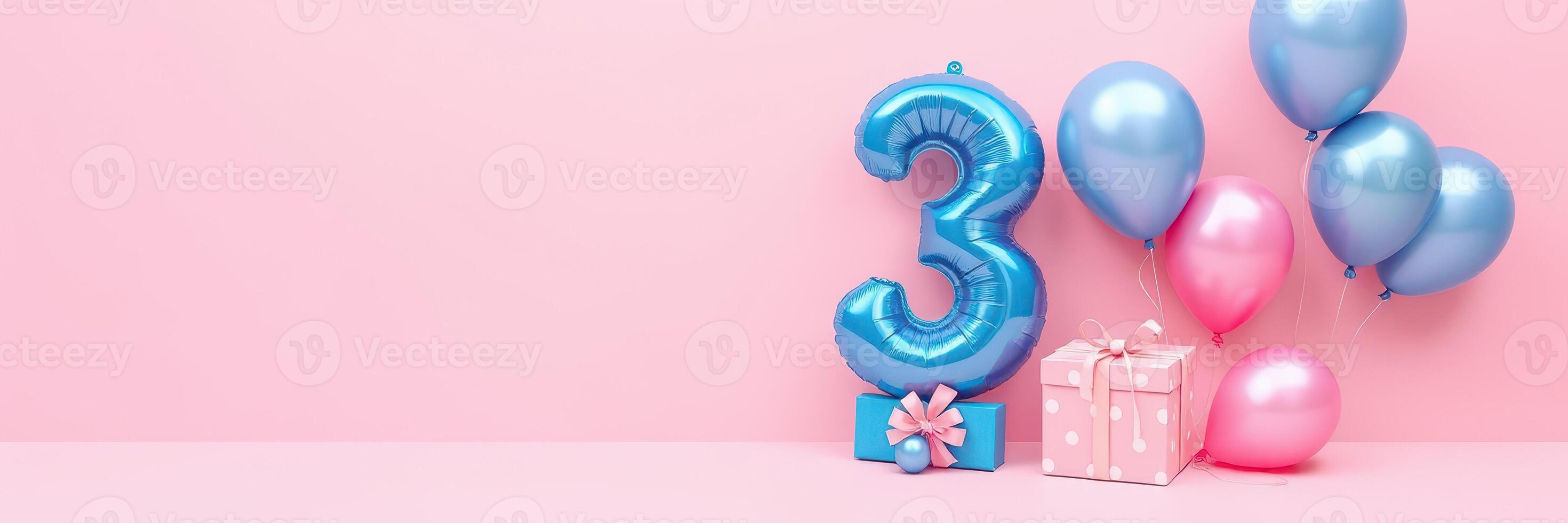 Colorful birthday decorations for a child's third birthday celebration with balloons and gifts photo