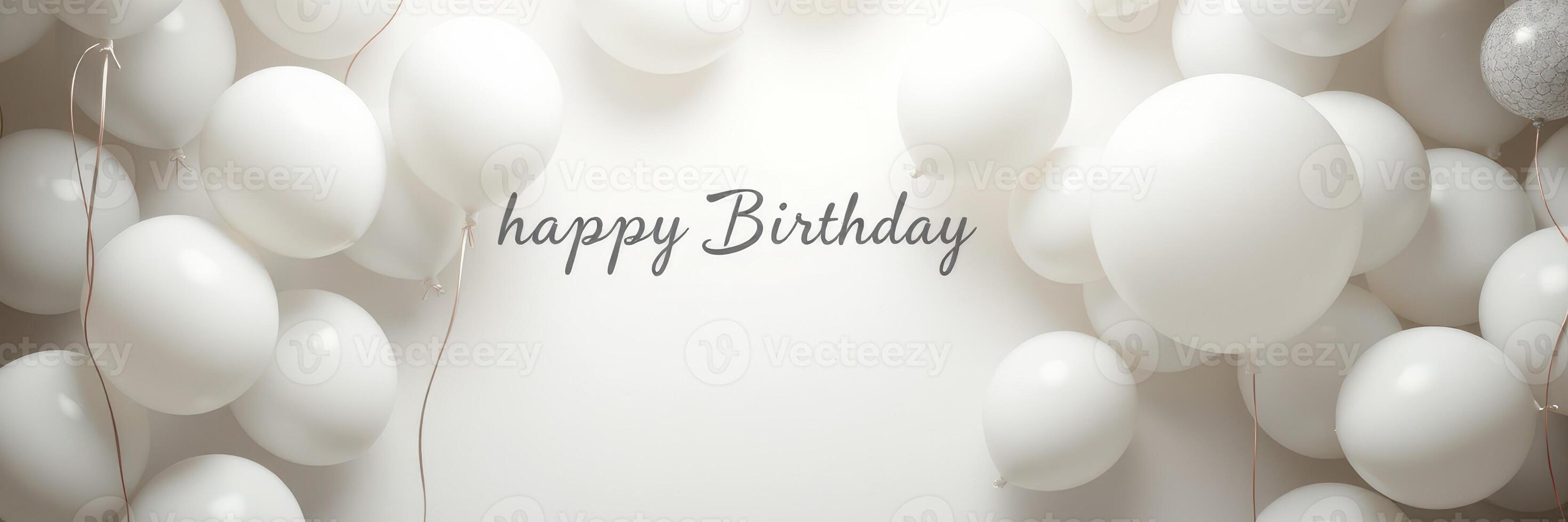 Celebration backdrop featuring white balloons and a happy birthday greeting in an elegant design photo