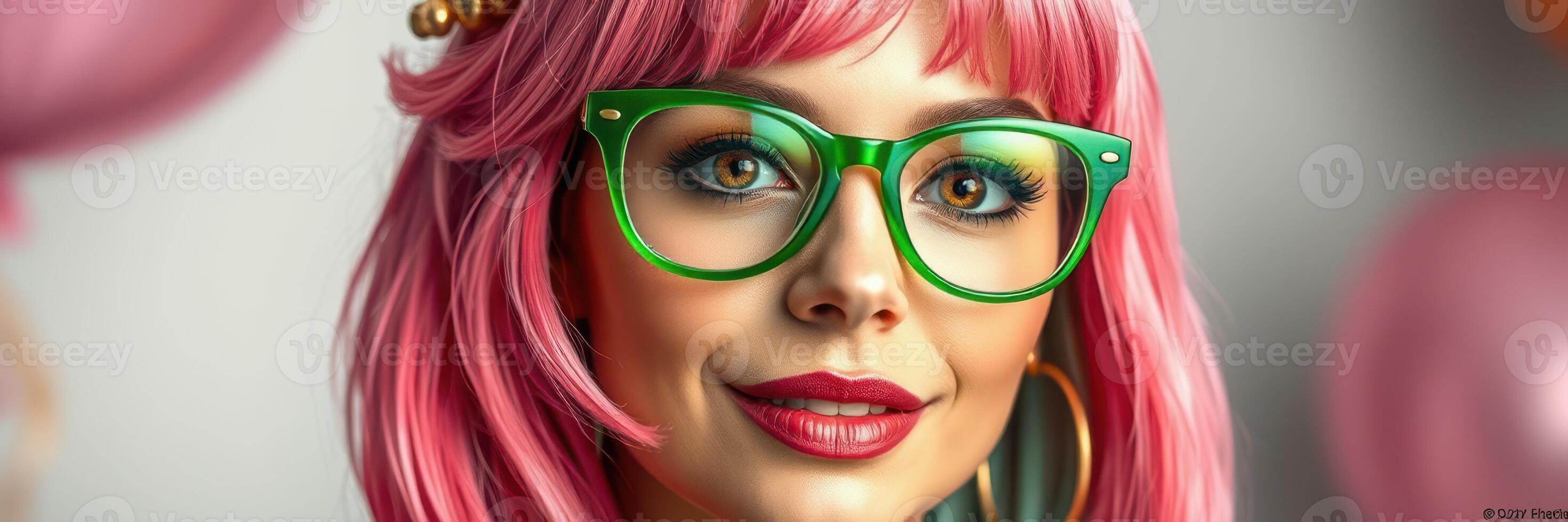Woman with pink hair and green glasses poses cheerfully among pastel balloons at a celebration event photo