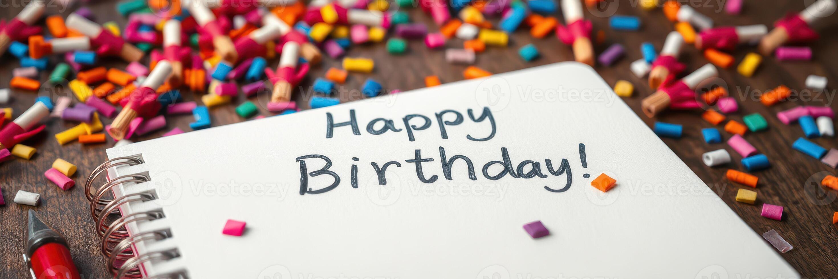 Creative birthday celebration setup with colorful decorations and handwritten message photo
