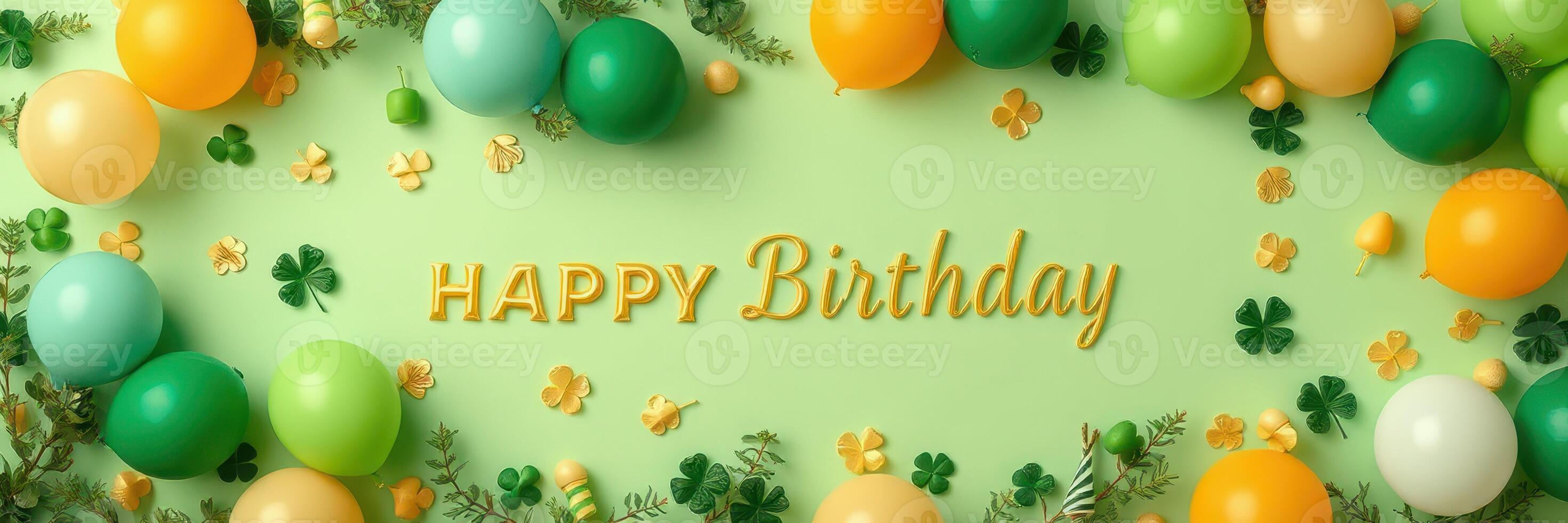 Celebrate a joyful birthday with colorful balloons and festive decorations on a green background photo
