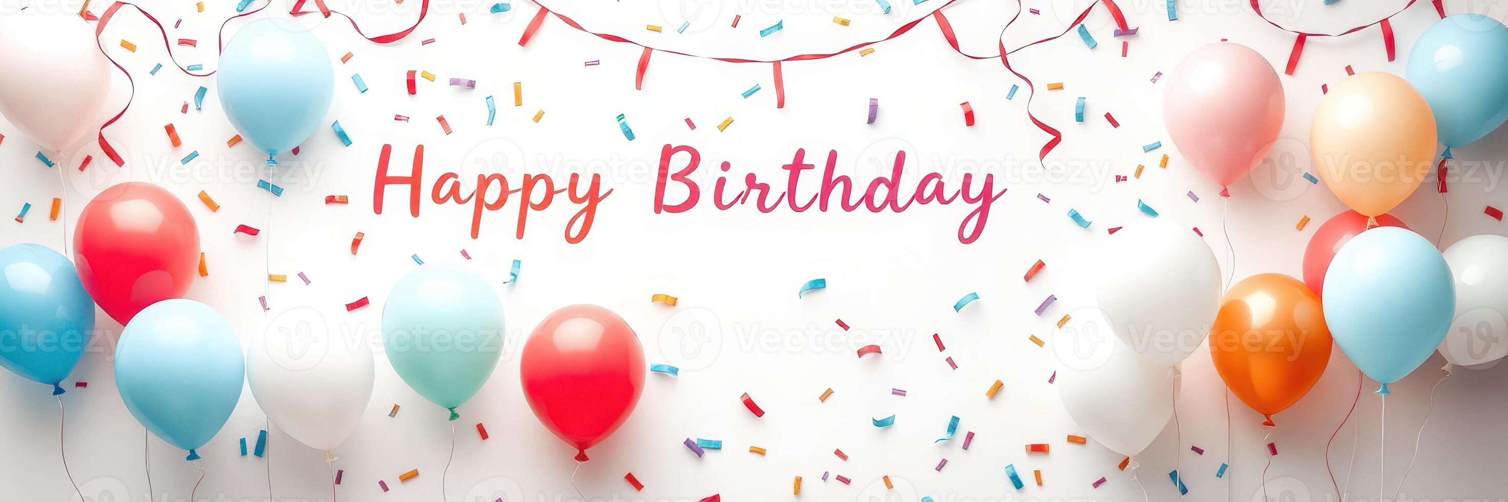 Colorful birthday celebration decorations with balloons and confetti arranged for a festive event photo
