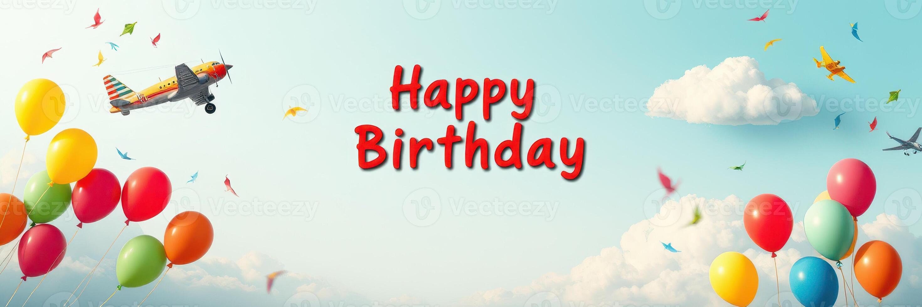 Colorful birthday celebration with balloons and airplanes flying in a clear sky creates a cheerful atmosphere for a special occasion photo